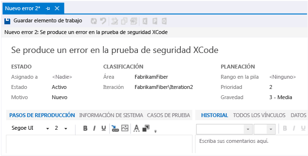 Formulario de elemento de trabajo de error (plantilla de proceso ágil)