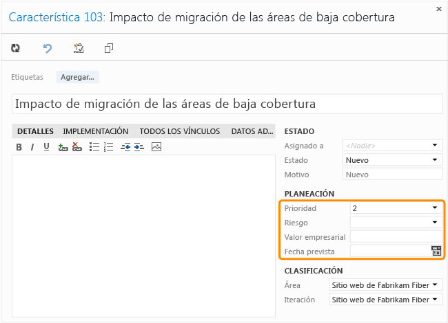 Formulario del elemento de trabajo Característica para Agile