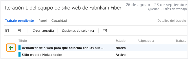 Vínculo para agregar tarea en una página de trabajo pendiente del sprint