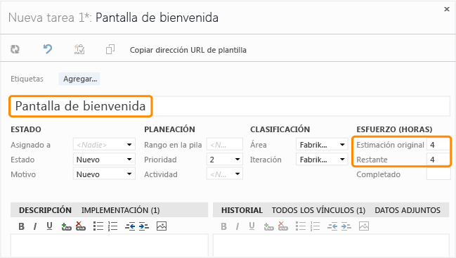 Formulario de elemento de trabajo para tarea