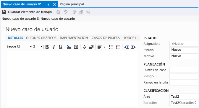 Formulario de elemento de trabajo para un caso de usuario