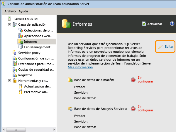 Editar la información para configurar la sección Informes