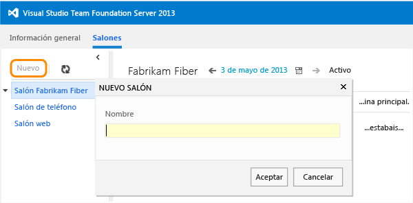 Vínculo Nuevo de la página Salones, cuadro de diálogo Nuevo salón