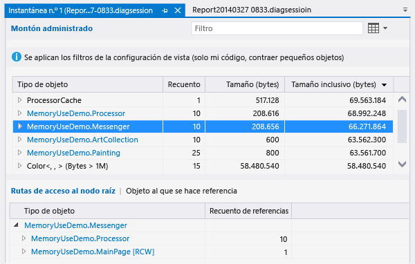 Informe de instantánea Uso de memoria