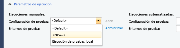 Seleccione o cree una configuración de pruebas.