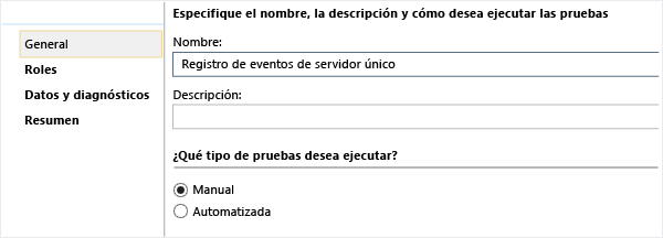 Establezca el nombre de la nueva configuración de pruebas.