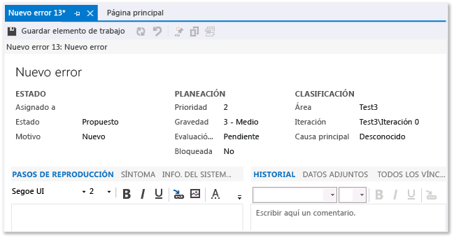 Error del proyecto de equipo CMMI (formulario de elemento de trabajo)