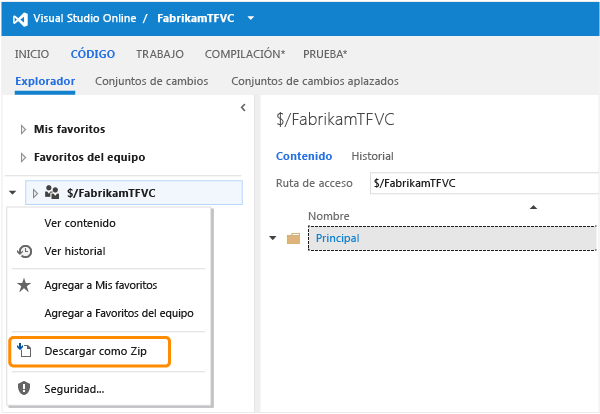 Descargar código fuente para Team Foundation Service