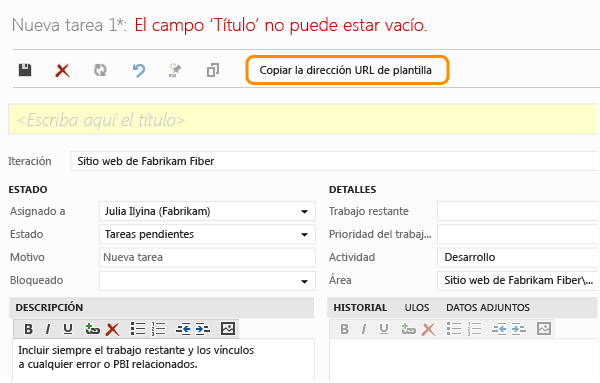 Definir campos y elegir la opción para copiar la dirección URL (TWA)