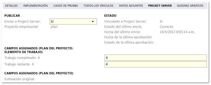 Campos predeterminados de la pestaña Project Server