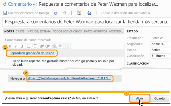 Play session recording link on Feedback Response work item form. URL link to recording. Open button on Do you want to open or save recording file dialog box.