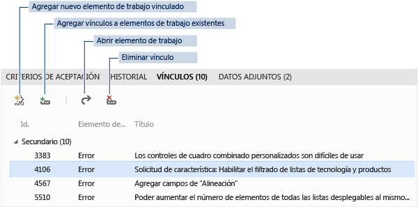 Controles de vínculos en Visual Studio Online y TWA