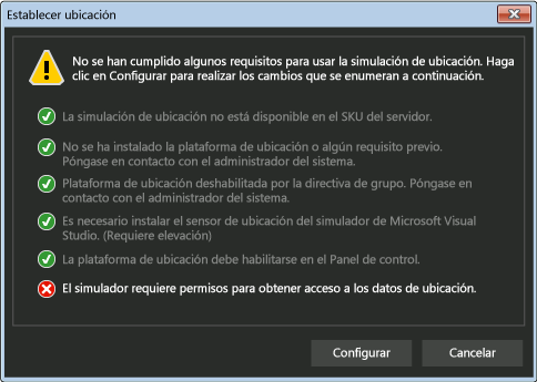 Cuadro de diálogo de requisitos para establecer la ubicación