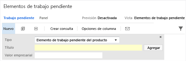 Panel de trabajo pendiente con el campo Valor empresarial agregado