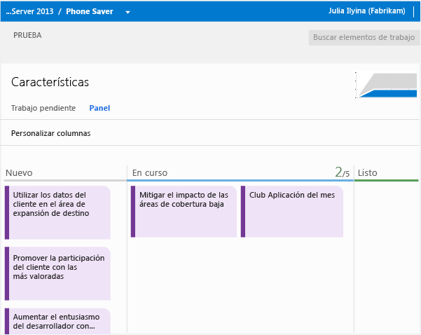 El trabajo pendiente Características tiene su propio panel Kanban