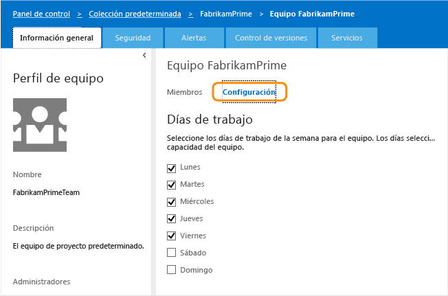 Página Configuración del equipo para días de trabajo predeterminados