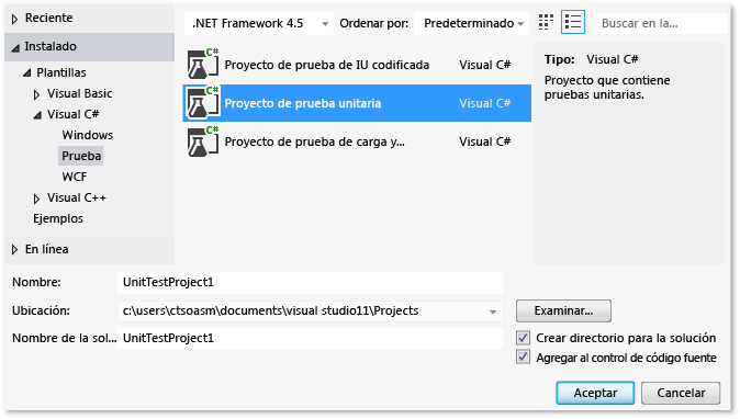 Prueba unitaria seleccionada en el cuadro de diálogo Nuevo Proyecto