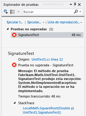 Explorador de pruebas unitarias que muestra una prueba no superada