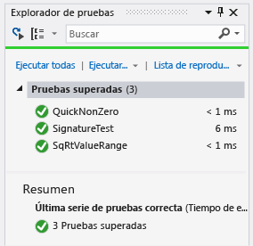 Explorador de pruebas unitarias con tres pruebas superadas