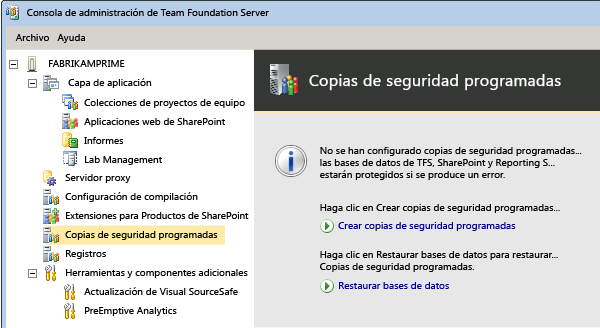 Nodo Copias de seguridad programadas en la consola