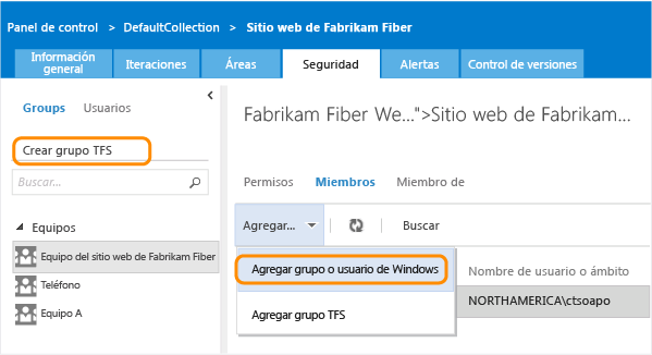 Vínculo Crear grupo TFS de la página de administración Seguridad