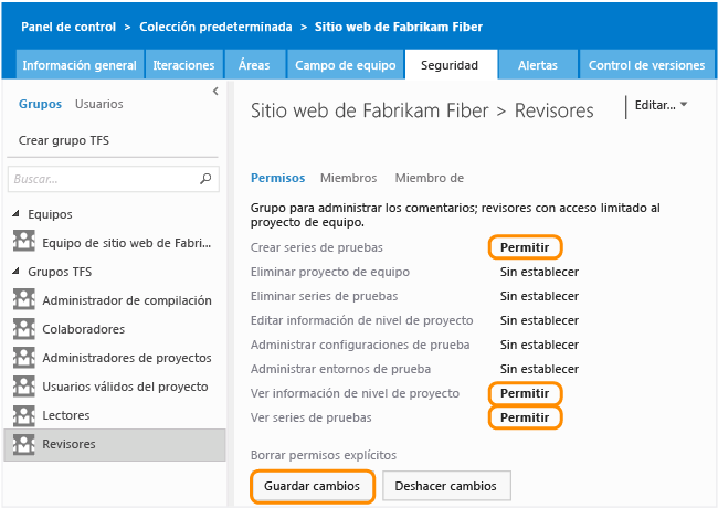 Vista Permisos, grupo Revisores de la página Seguridad