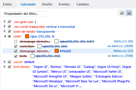 Pestaña Calculado después de actualizar el estilo CSS