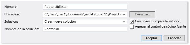 Especificar el nombre de la solución y el proyecto, y la ubicación