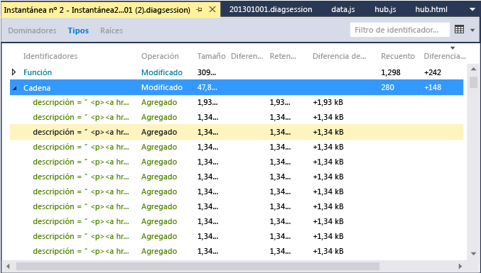 Vista de diferencias de instantánea con tipos