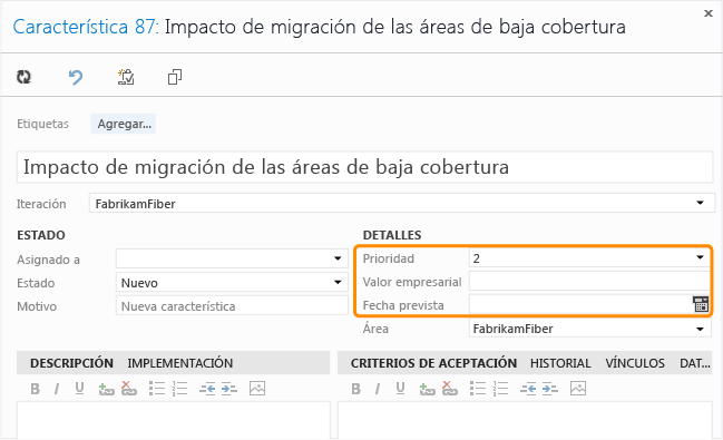 Formulario del elemento de trabajo Característica