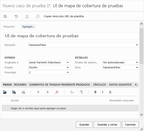 Formulario de elemento de trabajo para caso de prueba