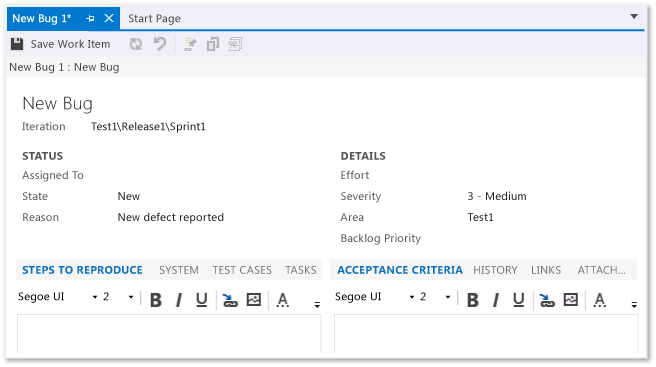 Formulario de elemento de trabajo de error para plantilla de proceso Scrum