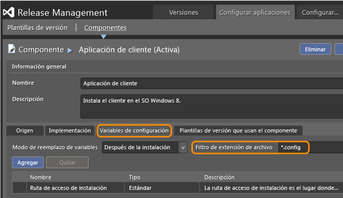 Componente, pestaña Variables de configuración