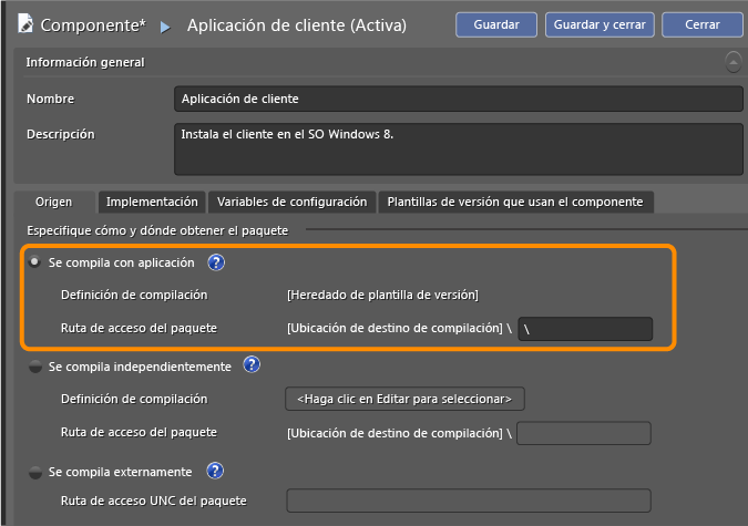 Página Componentes, pestaña Origen