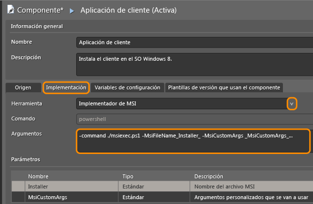 Página Componente, pestaña Implementación