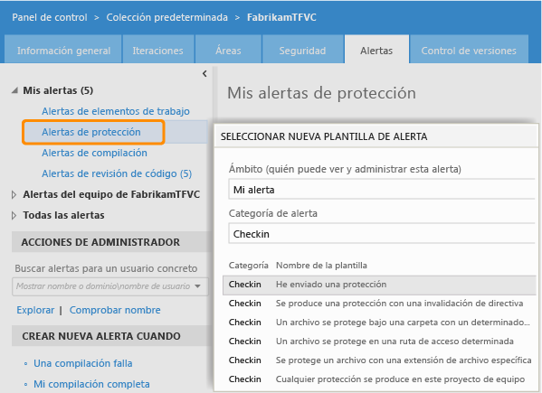 Página Alertas de un proyecto de equipo TFVC en el portal web