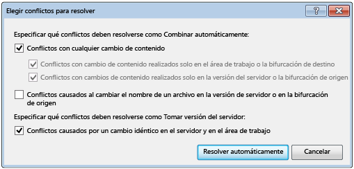 Cuadro de diálogo Elegir conflictos para resolver