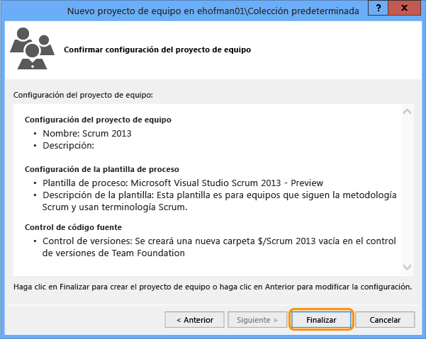 Confirm Team Project Settings page in the New Team Project dialog box