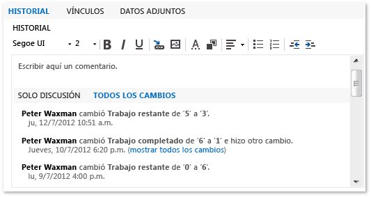 Pestaña y campo Historial en formulario del elemento de trabajo