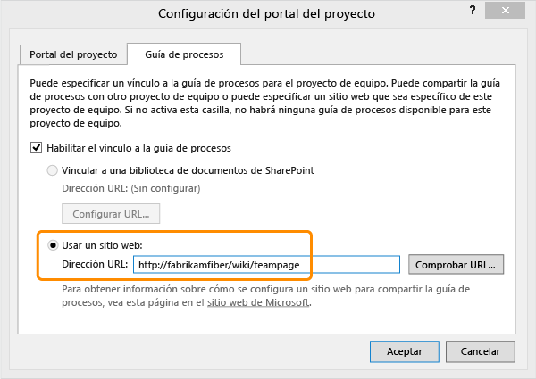 Especificar el sitio web de la guía de procesos