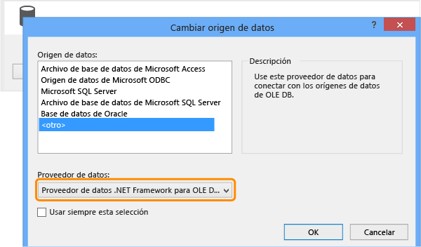 Seleccionar el proveedor de datos de .NET Framework para OLE DB