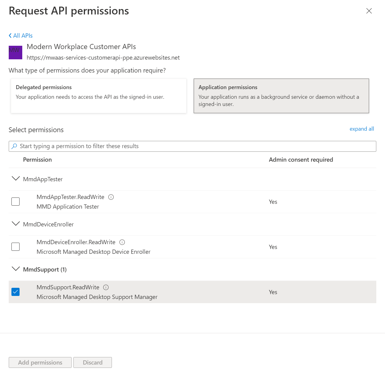 Request API permissions page