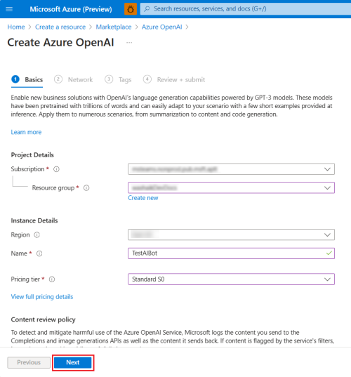 La captura de pantalla muestra la suscripción y el grupo de recursos de Azure OpenAI.
