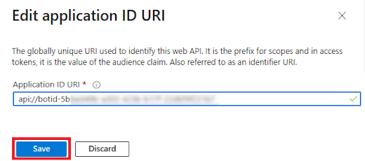 La captura de pantalla muestra la opción para agregar el URI de identificador de la aplicación y guardar.