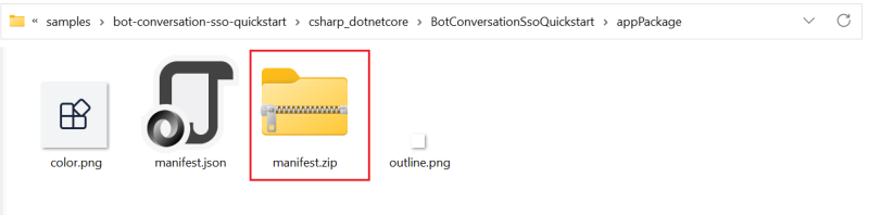 Captura de pantalla de la carpeta Manifiesto con la carpeta zip del Bot de Teams resaltada en rojo.