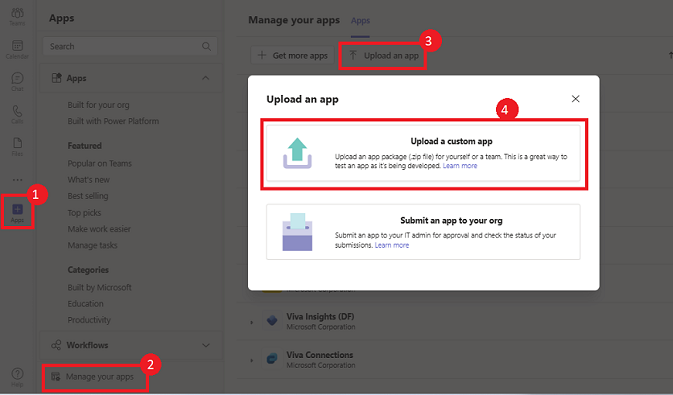 La ilustración muestra la opción de cargar una aplicación personalizada en Teams.
