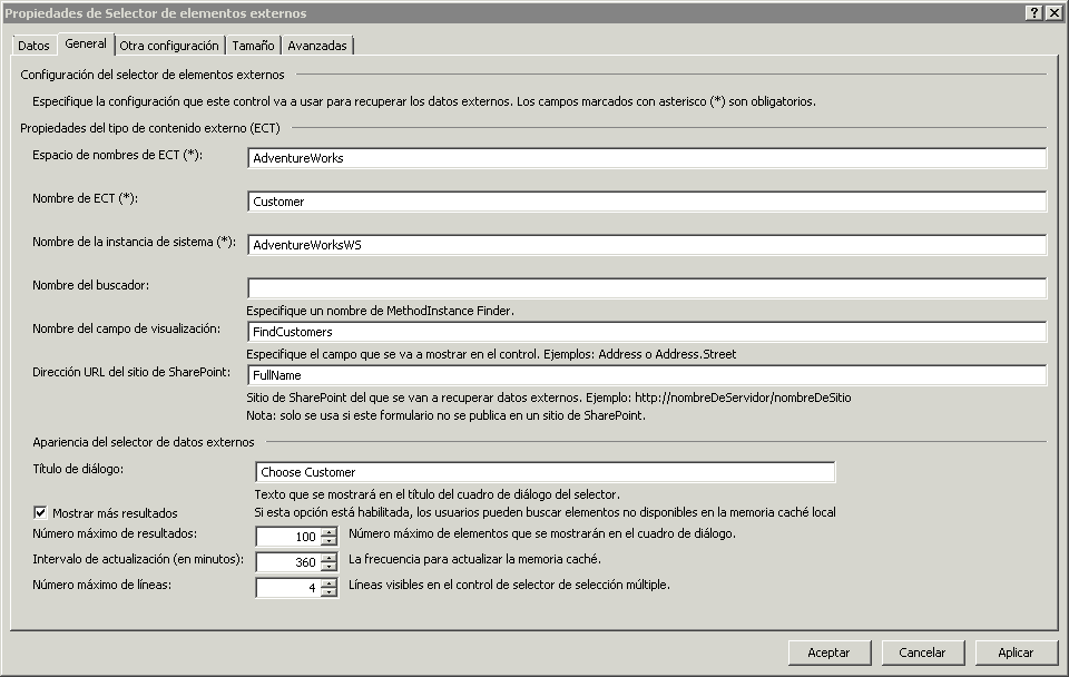 Pestaña General del selector de elementos externos