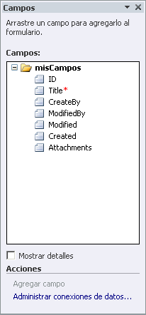 Lista de campos en InfoPath Designer