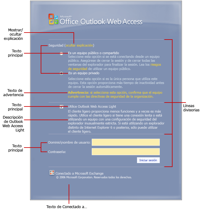 Opciones de texto de la página de inicio de sesión de Outlook Web Access
