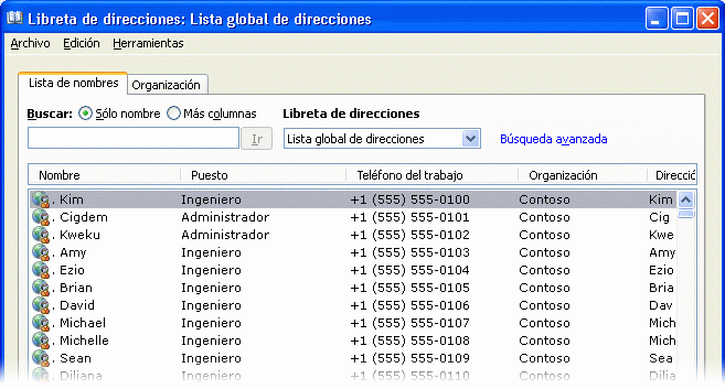 Listas de direcciones que se muestran en Outlook 2007